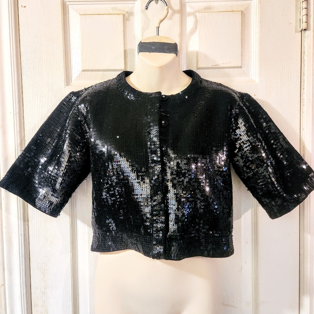 Sequin Short Sleeve Cropped Blazer Jacket Black
